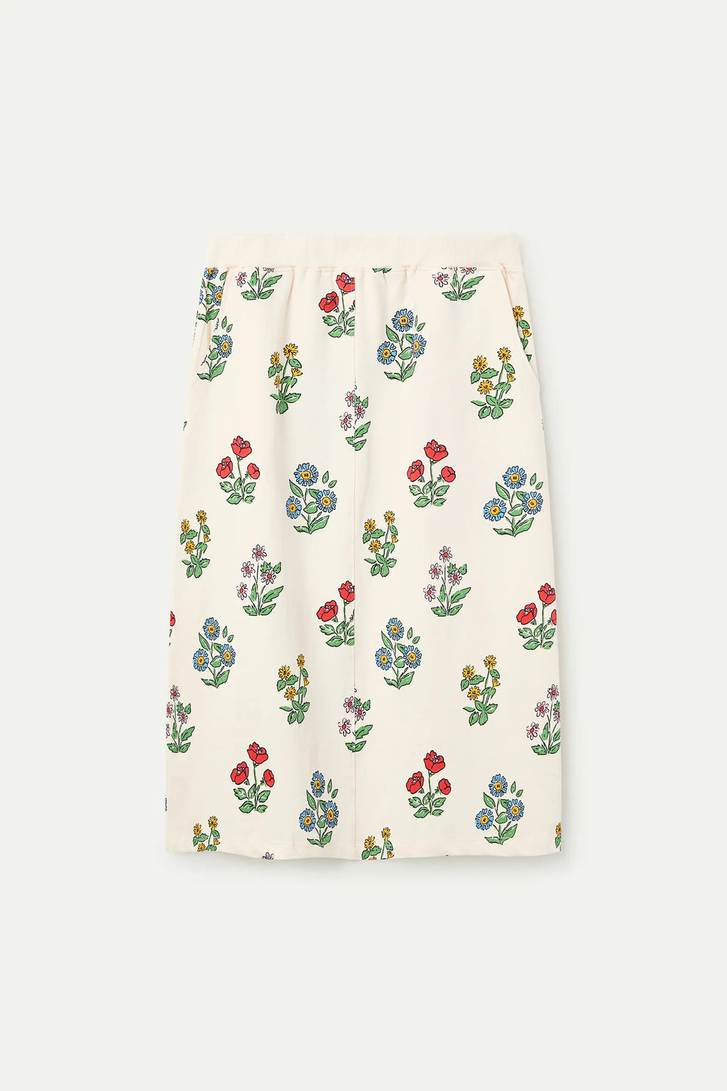 Gonna midi Compañía Fantástica con stampa floreale Gardener su fondo panna, vista frontale del capo disteso