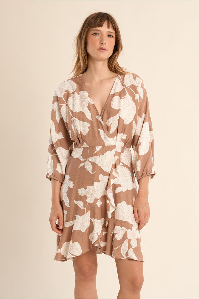 Abito corto beige con stampa di foglie panna, vista posteriore